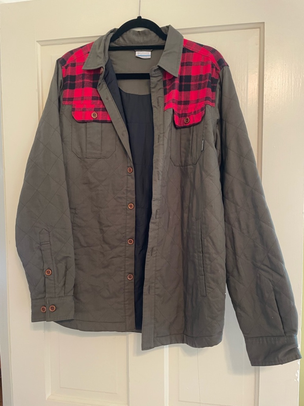 Columbia Olive Quilted Jacket with Red Plaid Yoke